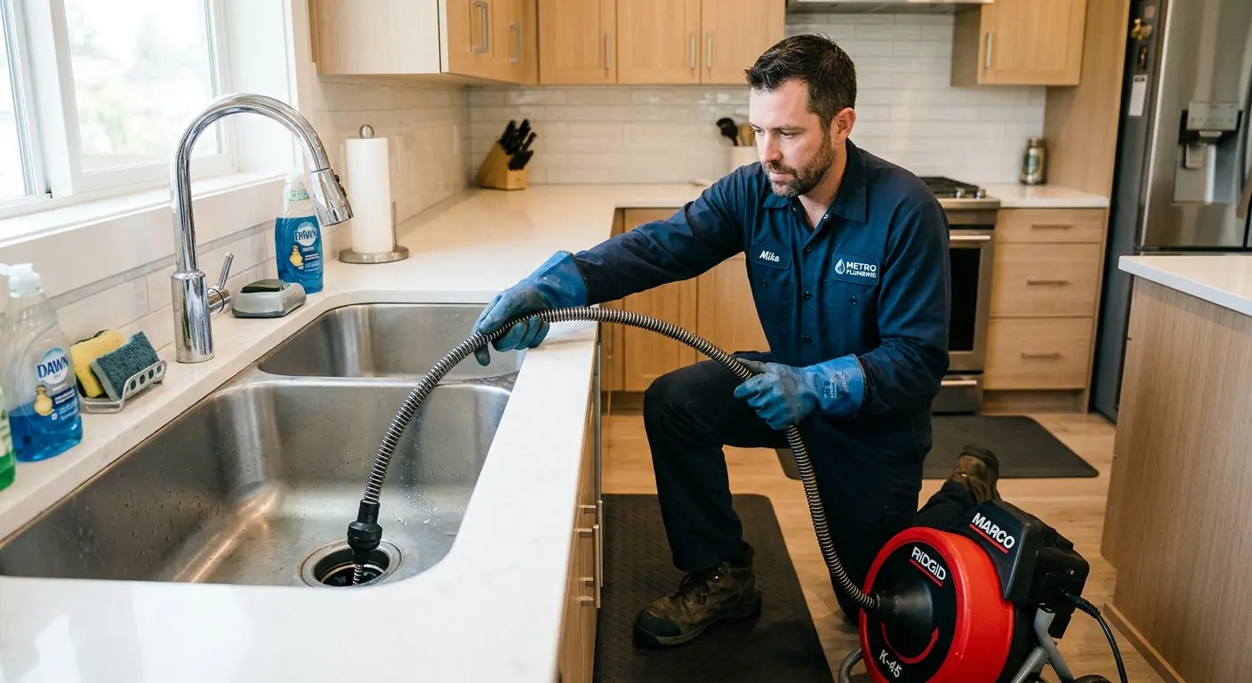 Drain cleaning technician using a motorized snake on a kitchen sink in Macclenny