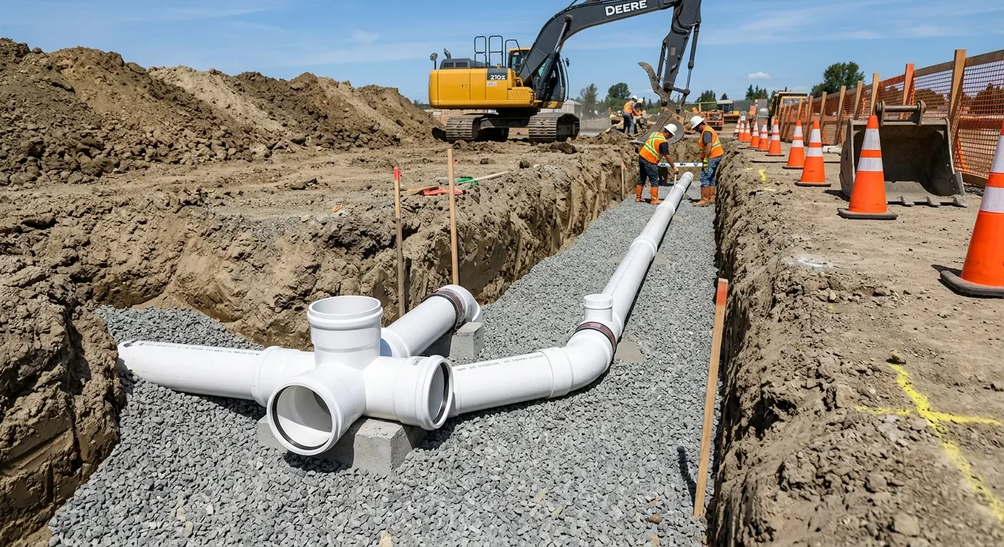 New PVC sewer pipe installation in open trench for Sewer Camera Inspection in Macclenny