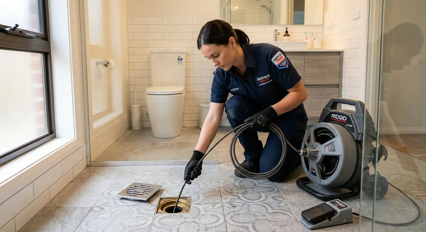 Technician clearing a bathroom floor drain for Sewer Line Installation in Macclenny